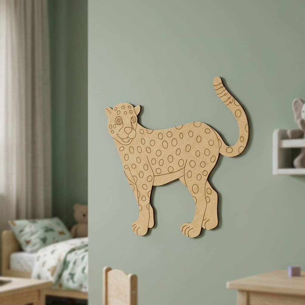 MDF DIY  cheetah wall decoration on a green wall in a child's room.