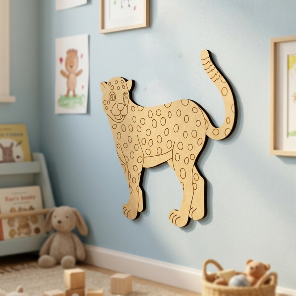 MDF DIY  leopard wall decoration in a child's room with toys and books.