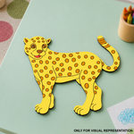 Colorful MDF DIY  leopard craft on a light green surface with crayons in the background