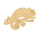 MDF DIY  cutout of a chameleon on a branch with leaves on a white background