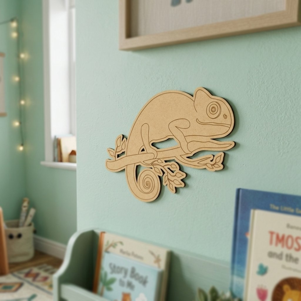 MDF DIY  chameleon wall decor on a light green wall with books and string lights in the background.