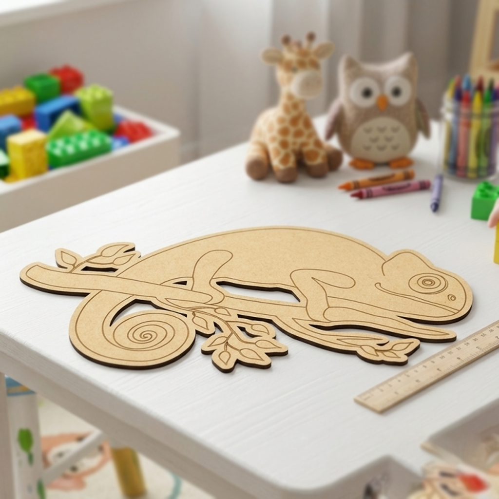 MDF DIY  chameleon puzzle on a child's desk with toys and crayons in the background