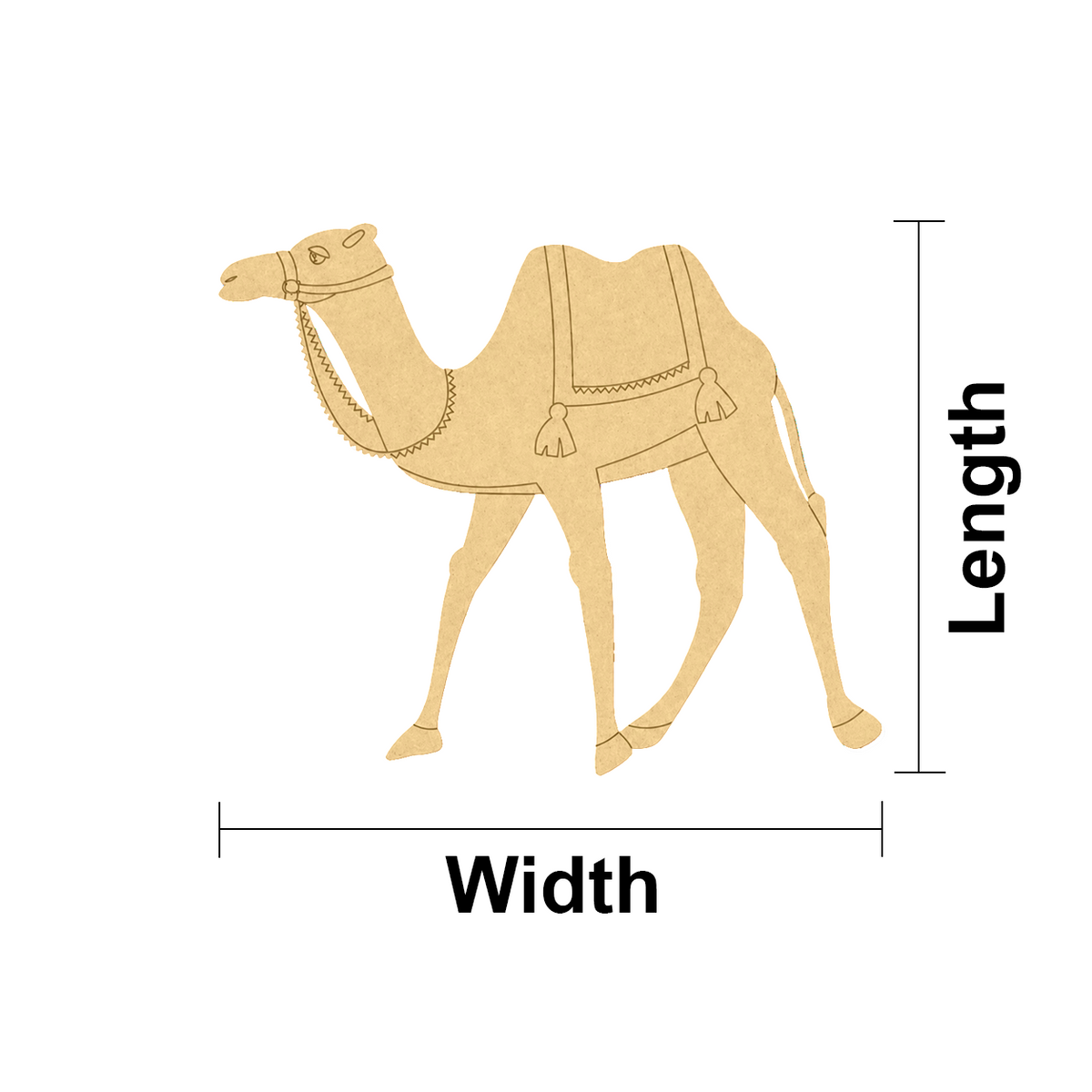 MDF DIY  camel decoration with measurements on a white background