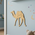 MDF DIY  camel decoration on a light blue wall with star and moon stickers.