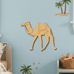 MDF DIY  camel wall decoration on a light blue wall with palm tree decals.