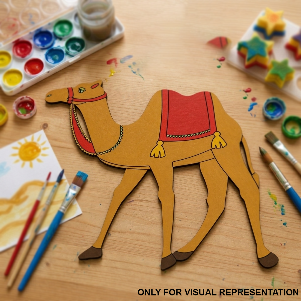 MDF DIY  camel model on a wooden table with art supplies