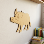 MDF DIY  wall decoration of a pig on a light-colored wall with books below.