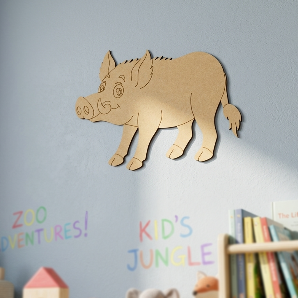MDF DIY  animal cutout of a boar on a wall with children's books and toys below.