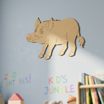 MDF DIY  animal cutout of a boar on a wall with children's books and toys below.