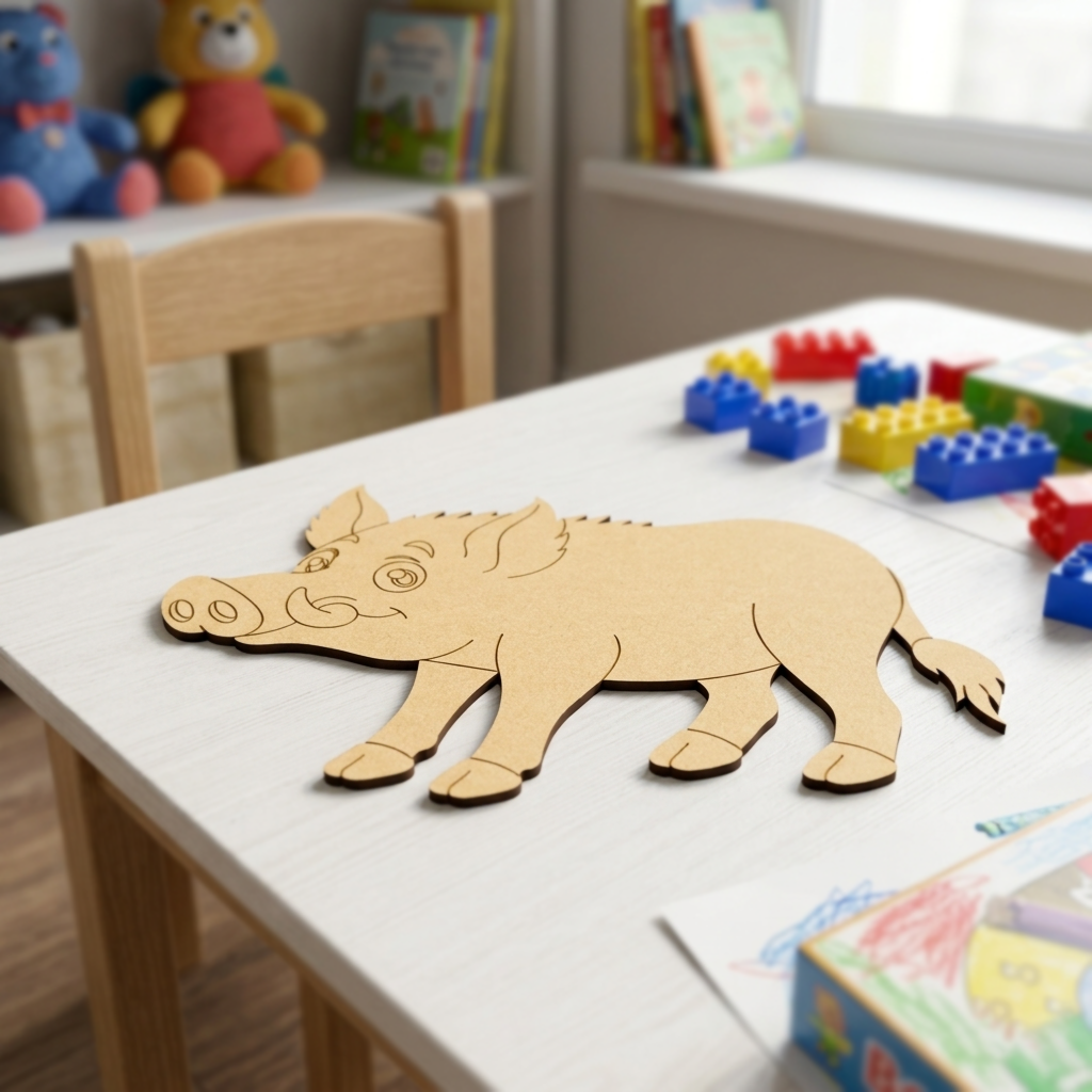MDF DIY  animal puzzle on a table with colorful building blocks and books in the background