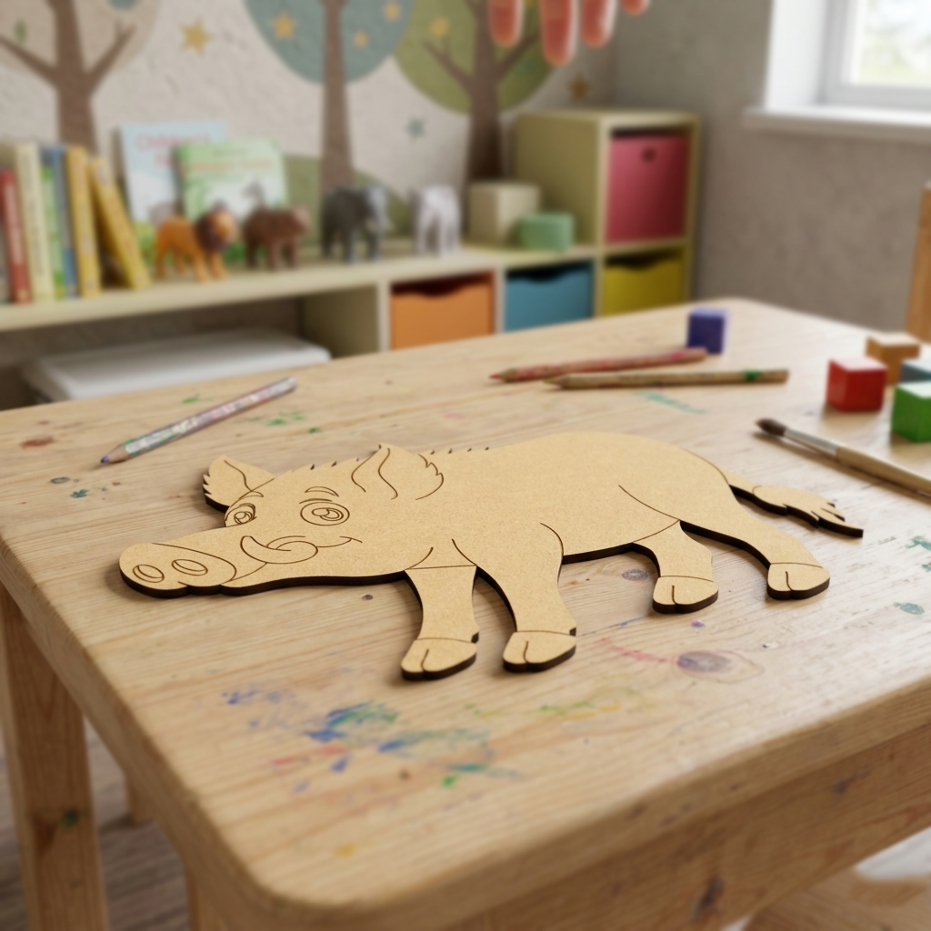 MDF DIY  animal puzzle on a child's desk with colorful books and toys in the background