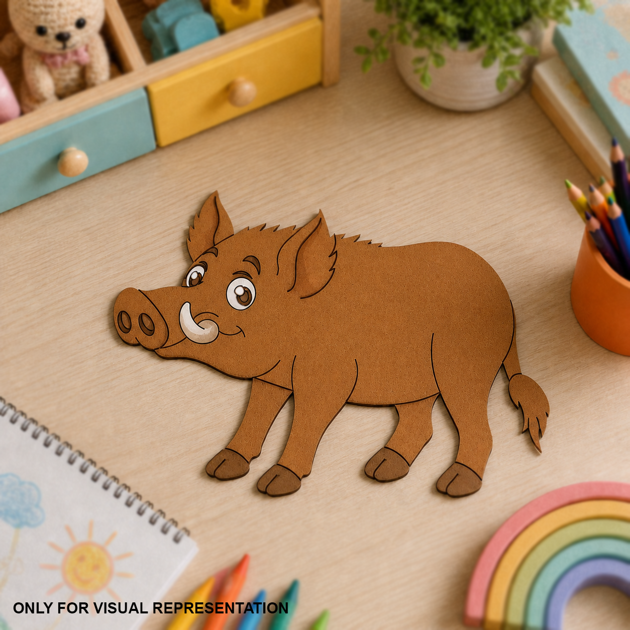 MDF DIY  Cartoon pig drawing on a wooden surface with stationery items around