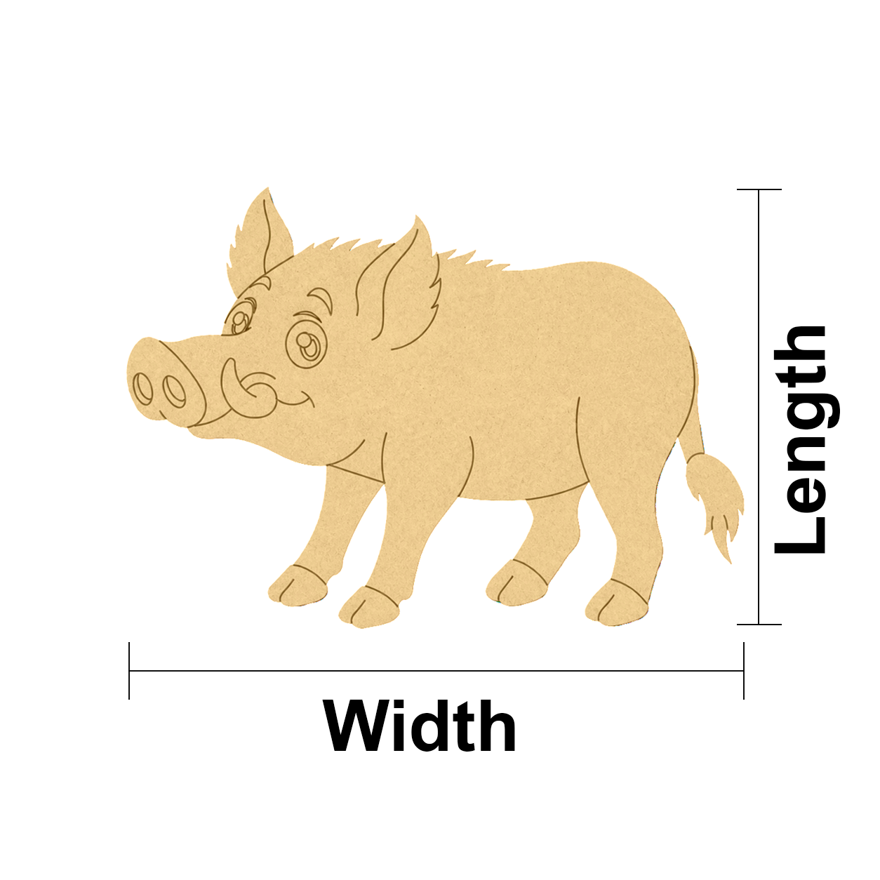 MDF DIY  pig cutout with measurements labeled on a white background