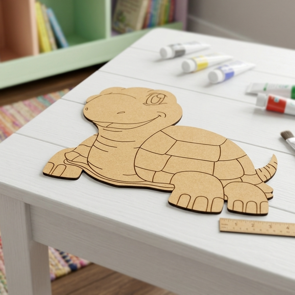 MDF DIY  turtle puzzle on a table with markers in the background