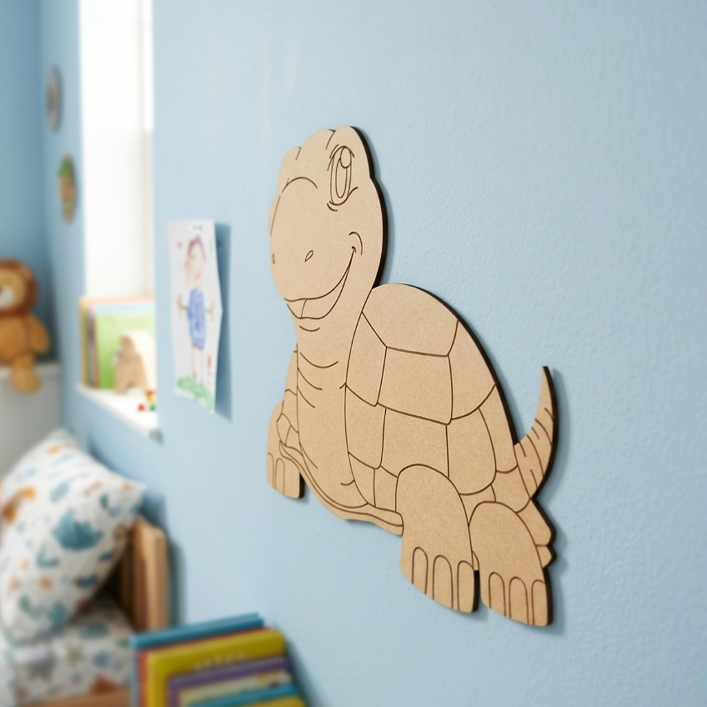 MDF DIY  turtle wall decoration on a light blue wall in a child's room.