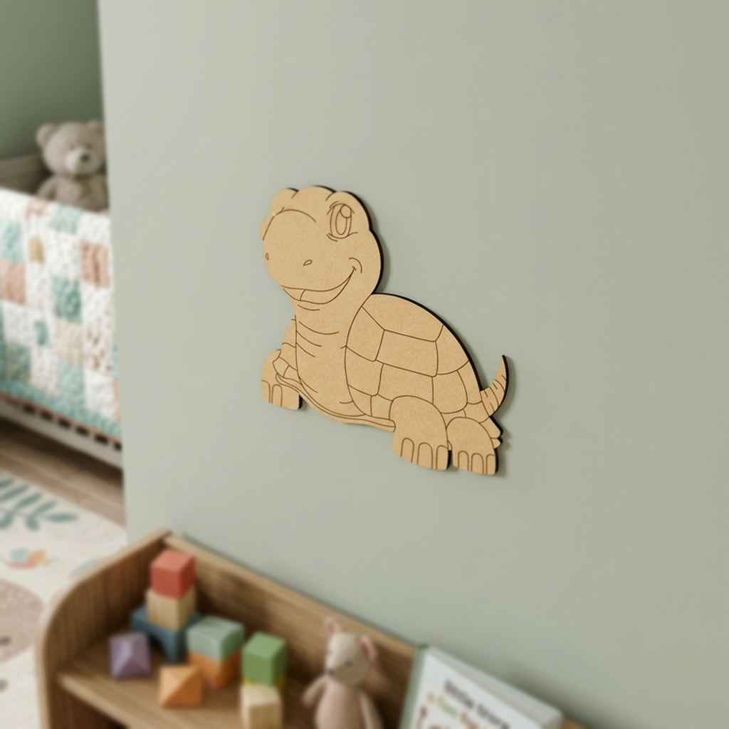 MDF DIY  turtle decoration on a light green wall with toys below