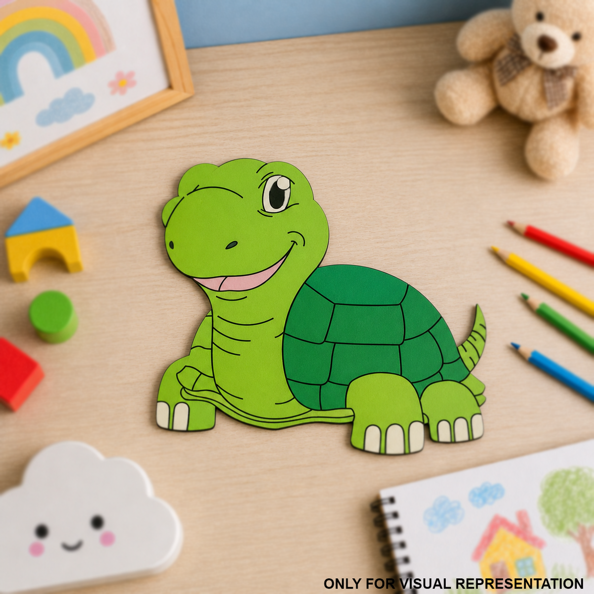 MDF DIY  Colorful turtle toy on a wooden table with stationery items