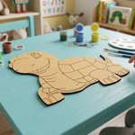 MDF DIY  turtle puzzle on a table with art supplies in a child's playroom.