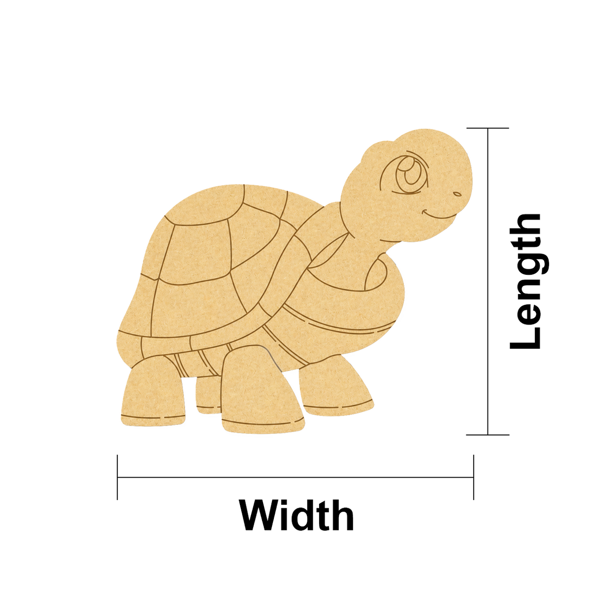 MDF DIY  turtle puzzle with labeled length and width on a white background