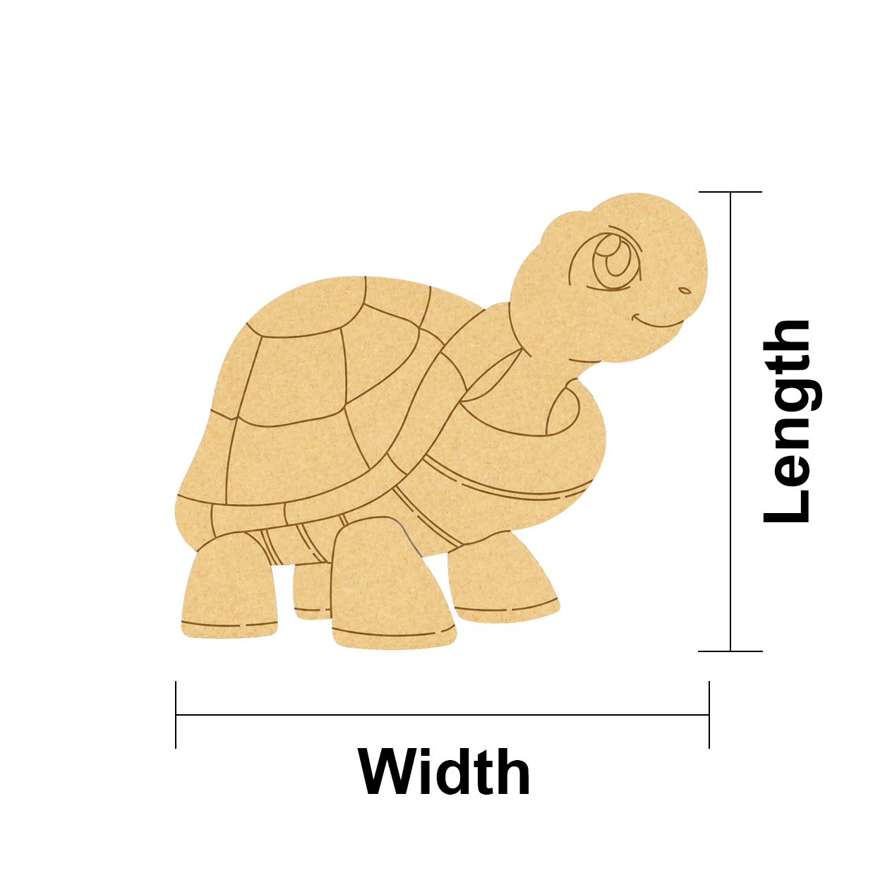 MDF DIY  turtle puzzle with labeled length and width on a white background