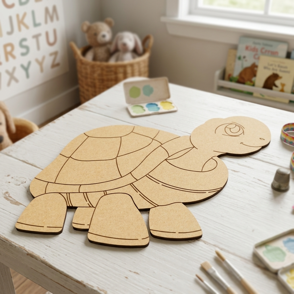 MDF DIY  turtle template on a table with art supplies in a child's room.