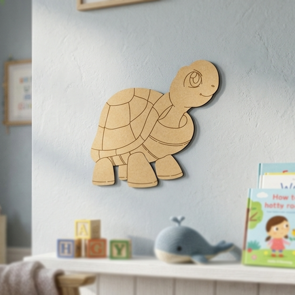 MDF DIY  turtle puzzle on a wall in a child's room with books and toys below.