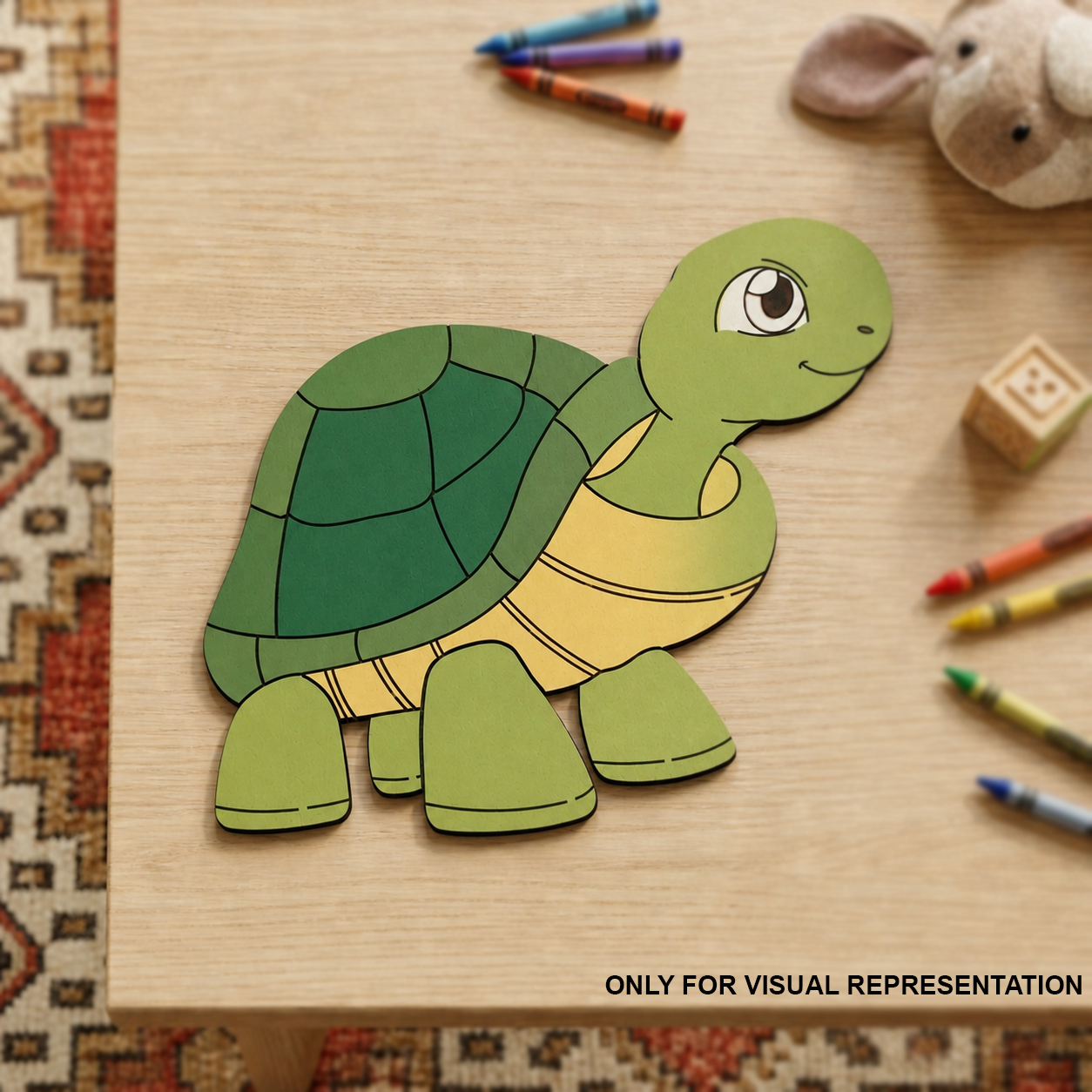 Colorful MDF DIY  turtle craft on a wooden surface with crayons and a toy in the background.