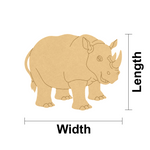 MDF DIY  cutout of a rhinoceros with measurements labeled on a white background