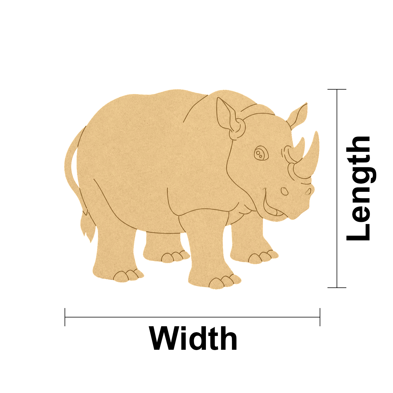 MDF DIY  cutout of a rhinoceros with measurements labeled on a white background
