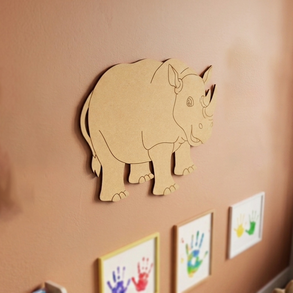 MDF DIY rhino cutout on a wall with children's artwork below