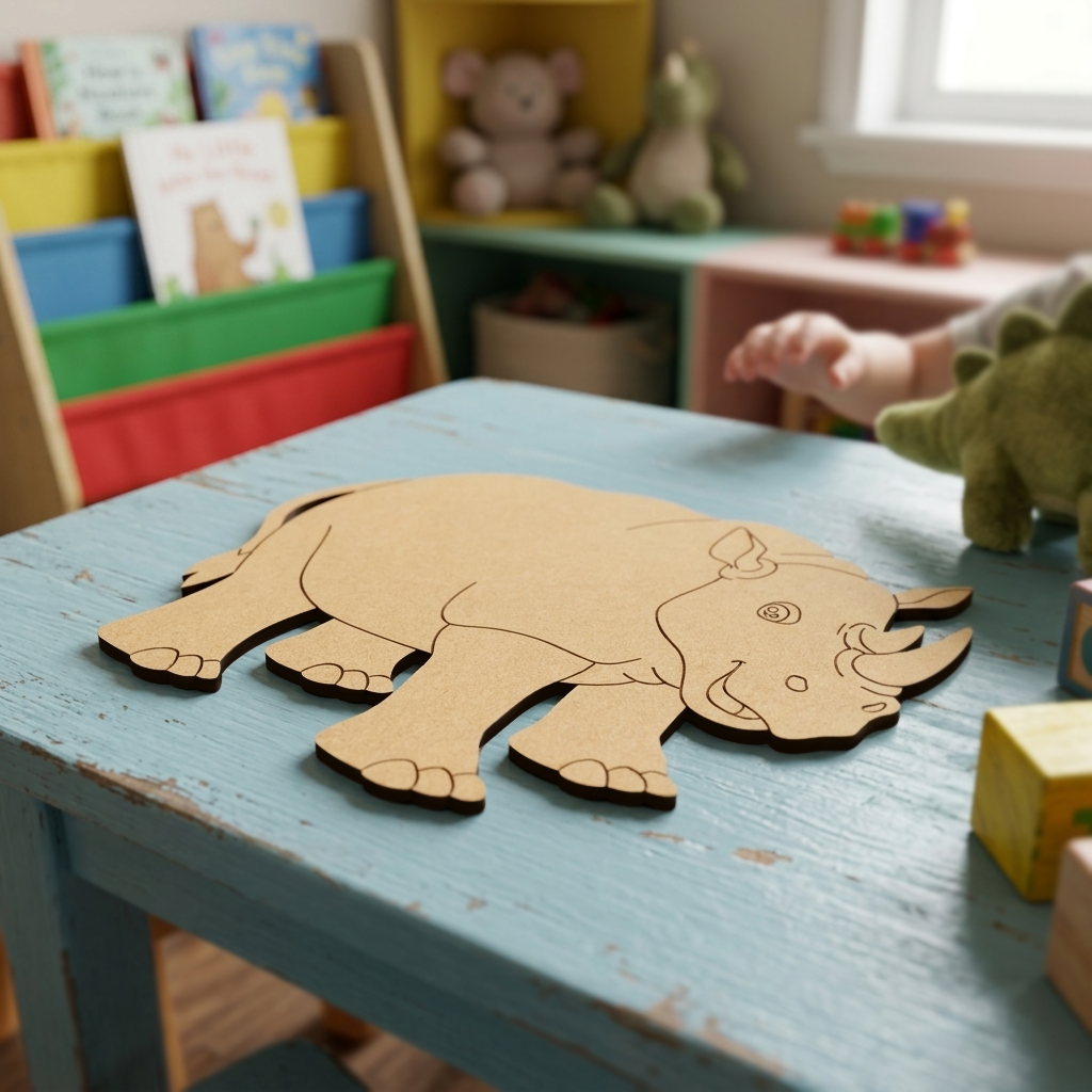 MDF DIY  hippo toy on a child's table with books and toys in the background
