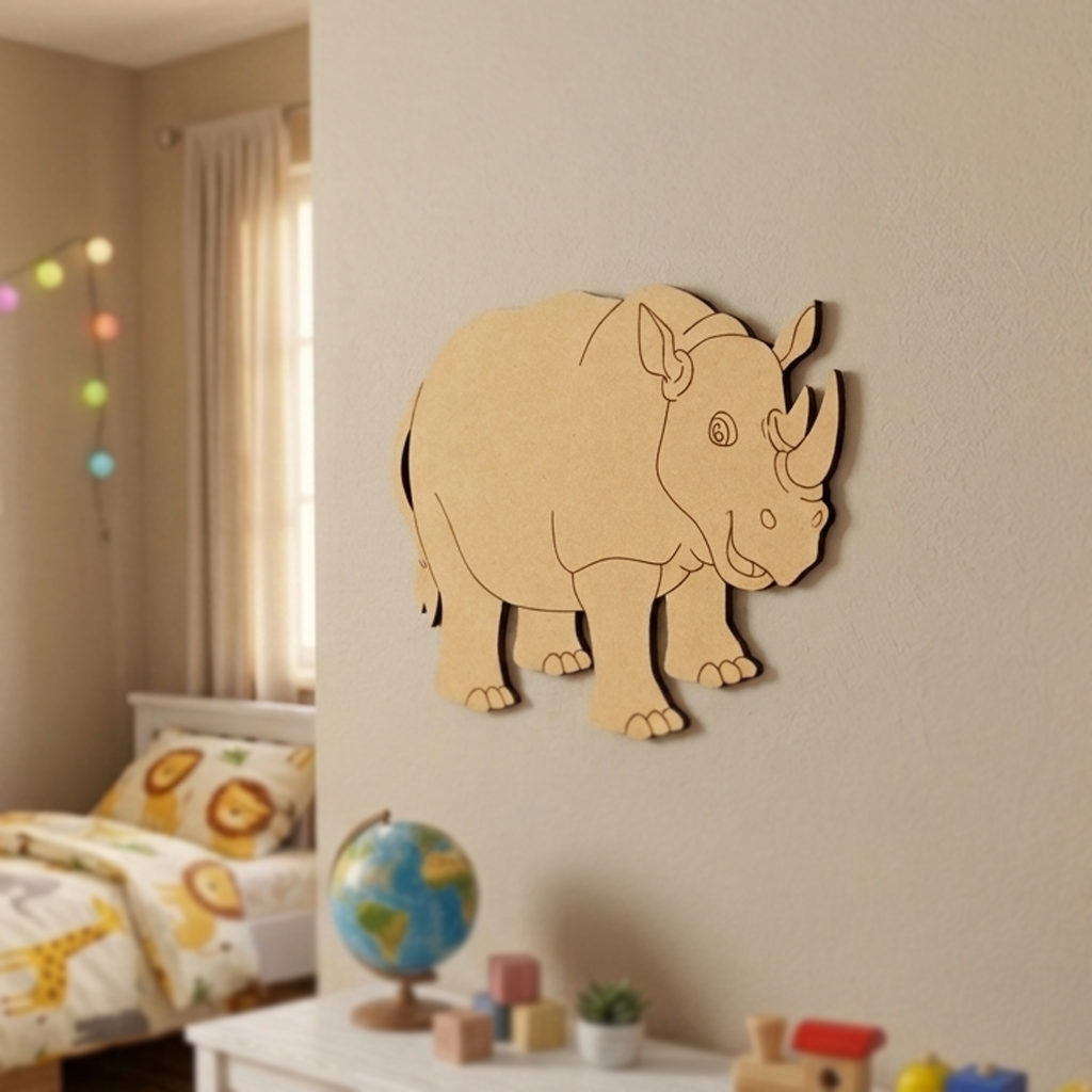 MDF DIY  rhino wall decoration in a child's bedroom with toys and a globe.