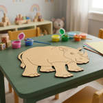 Children's playroom with a MDF DIY  rhino puzzle on a table, surrounded by toys and art supplies.