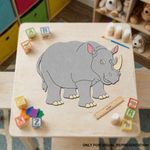 Wooden stool with a MDF DIY rhino design in a playroom setting