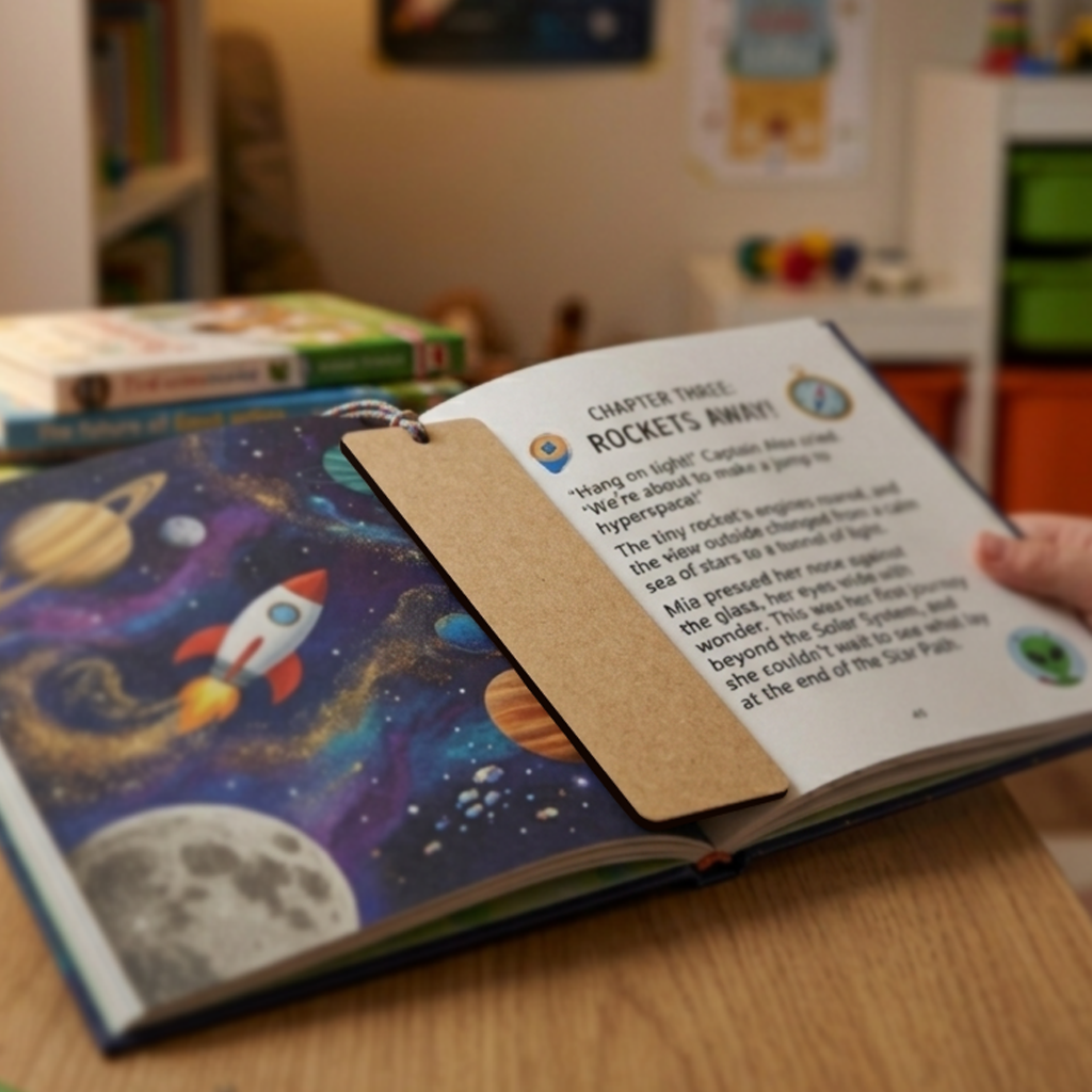 Children's book open to a page about rockets, with a space-themed illustration on a wooden table with MDF DIY Bookmark