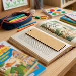 Open book with a MDF DIY bookmark on a wooden surface surrounded by stationery items.