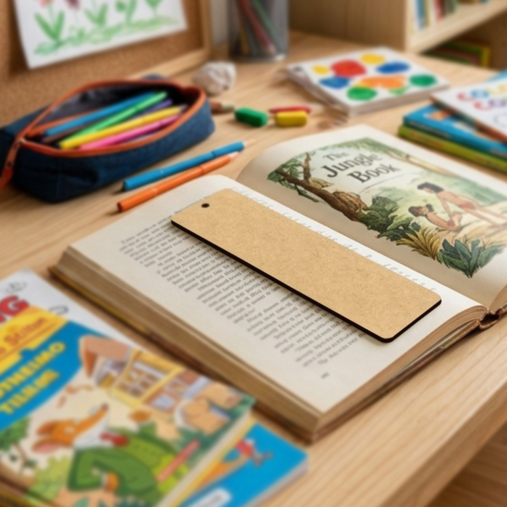 Open book with a MDF DIY bookmark on a wooden surface surrounded by stationery items.