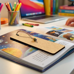 MDF DIY  bookmark with colorful beads on an open book with a laptop and stationery in the background.