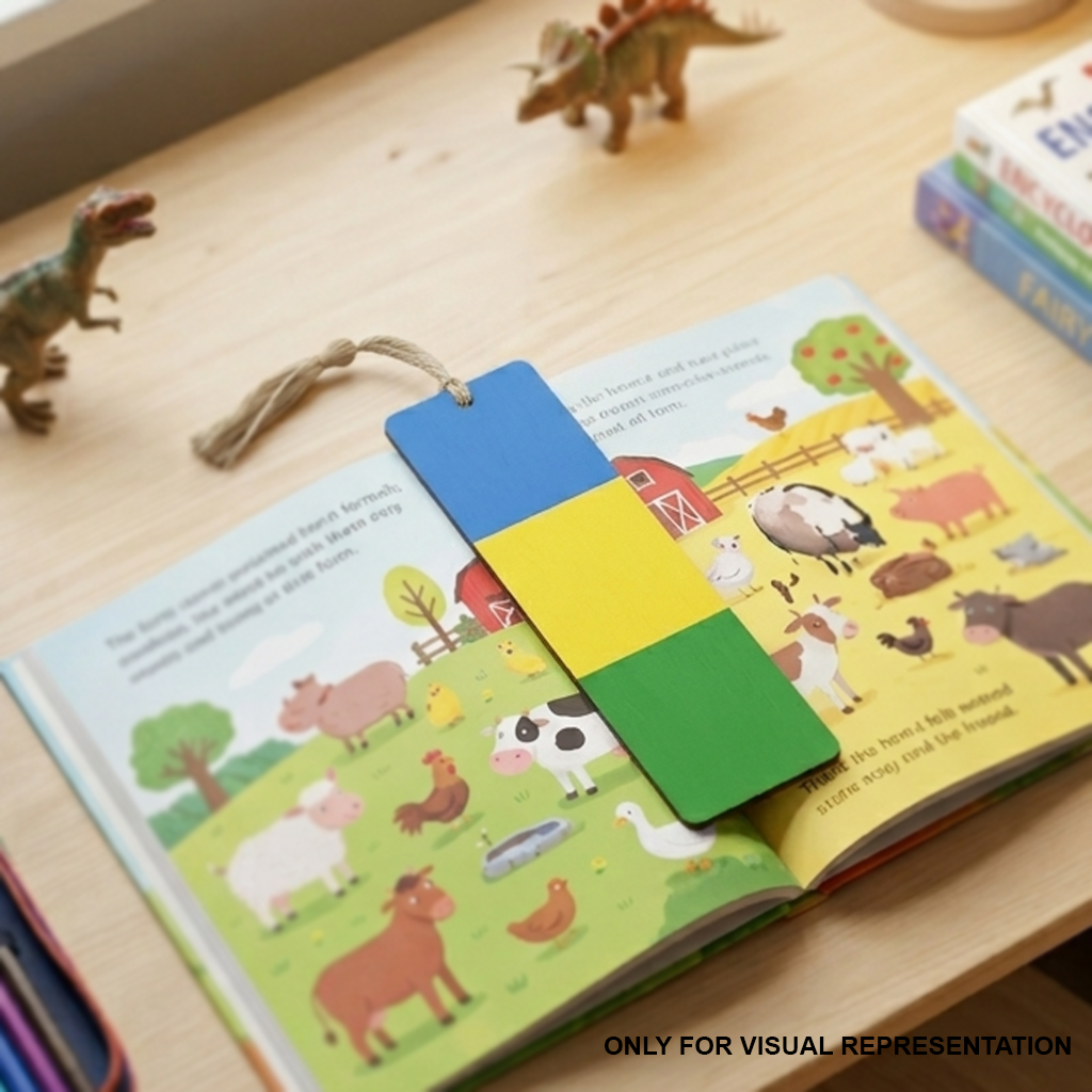 Open book with colorful MDF DIY bookmark on a wooden surface with toy dinosaurs.