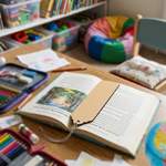 Open book on a desk with stationery items in a classroom setting with MDF DIY Bookmark.