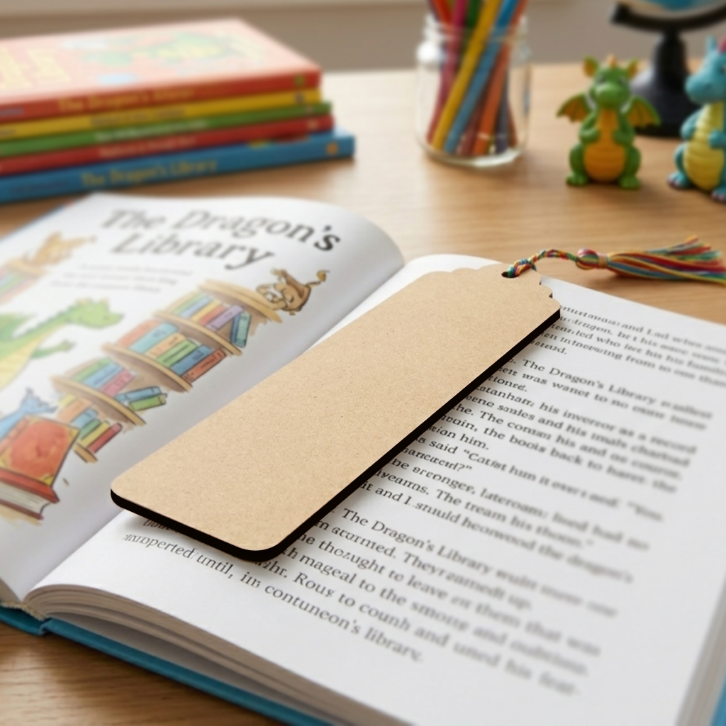 Open book with a MDF DIY bookmark on a wooden table, surrounded by colorful books and stationery items.