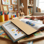Children's books on a table with colorful stationery in a classroom setting with MDF DIY  Bookmark.