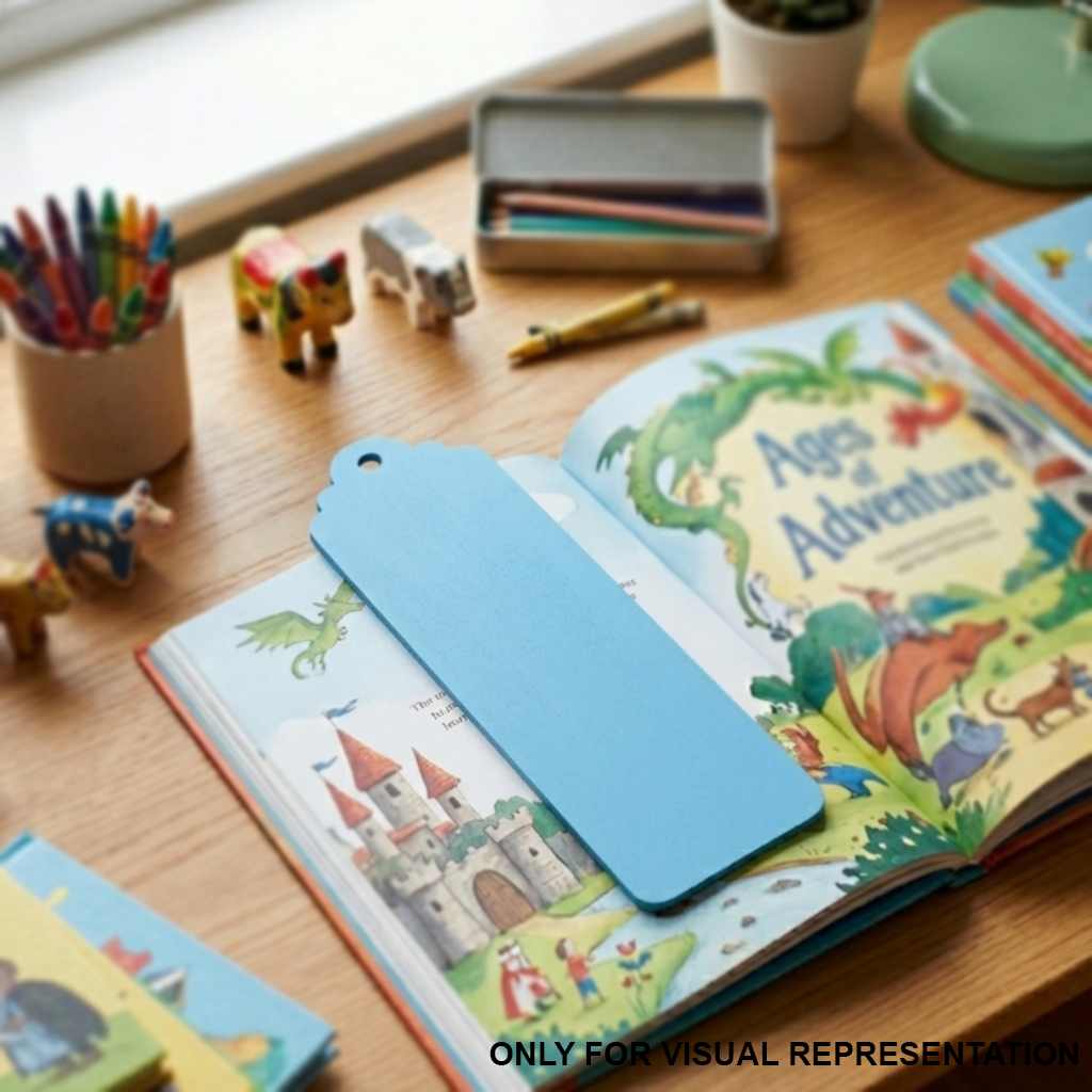 Children's books and toys on a wooden table with MDF DIY  Bookmark.