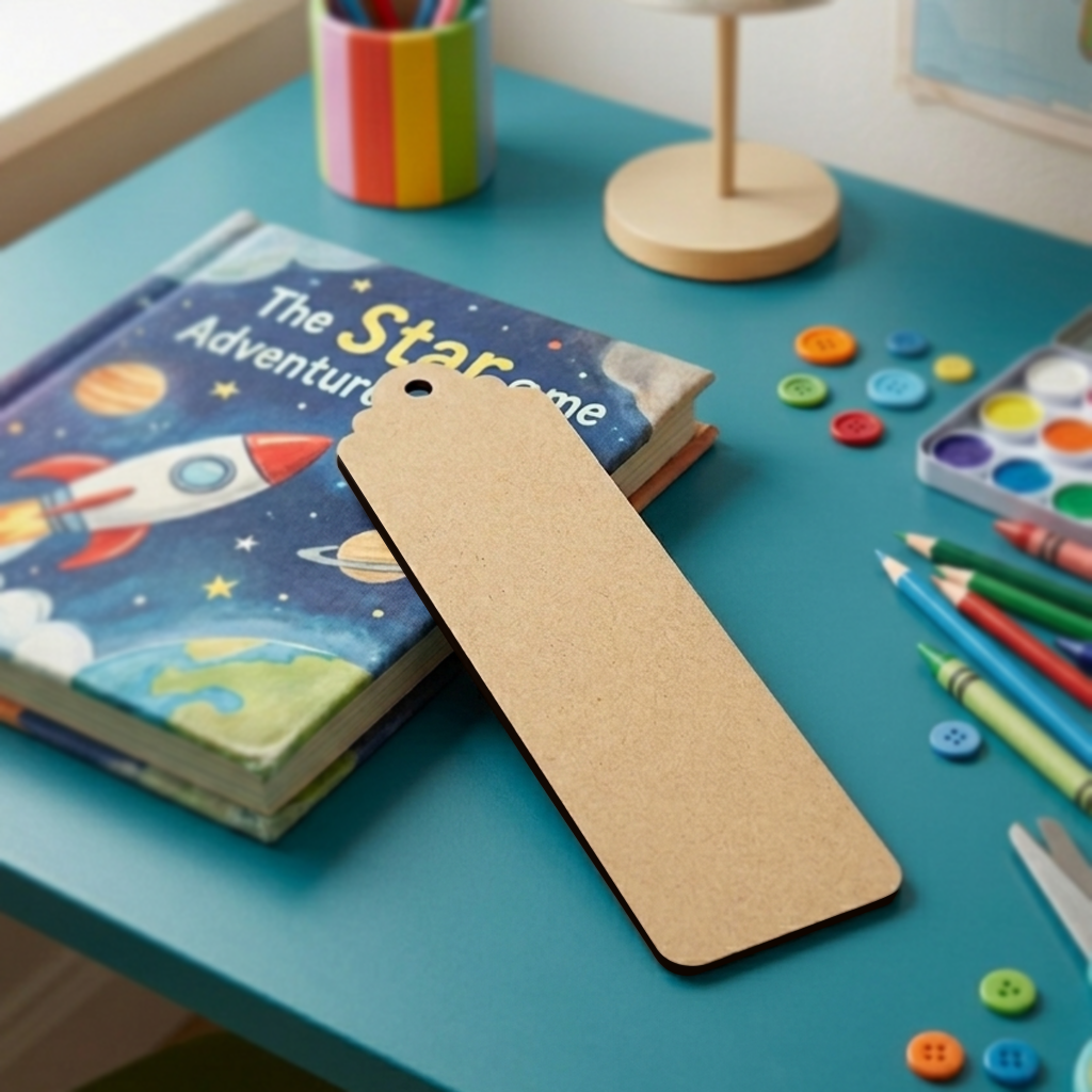Children's book titled 'The Star' with a MDF DIY  bookmark on a desk with art supplies