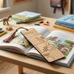 Open book with  MDF DIY bookmark on a wooden surface with toy dinosaurs.