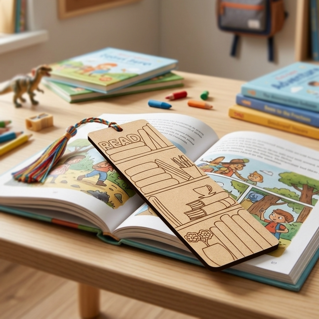 Open book with  MDF DIY bookmark on a wooden surface with toy dinosaurs.