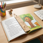 Open book with  MDF DIY bookmark on a wooden surface with toy dinosaurs.