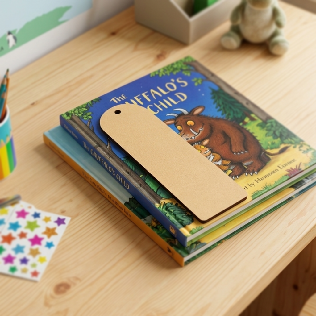 Children's book titled 'The Buffalo's Child' with a MDF DIY bookmark on a wooden surface.