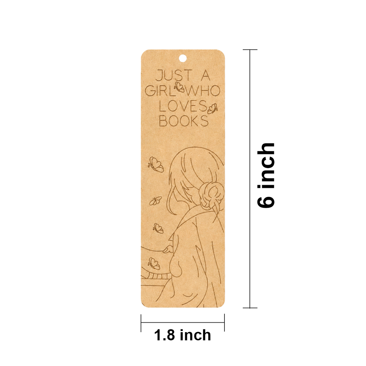 MDF DIY bookmark with engraved design and text, dimensions indicated.