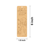 MDF DIY bookmark with engraved design and text, dimensions indicated.